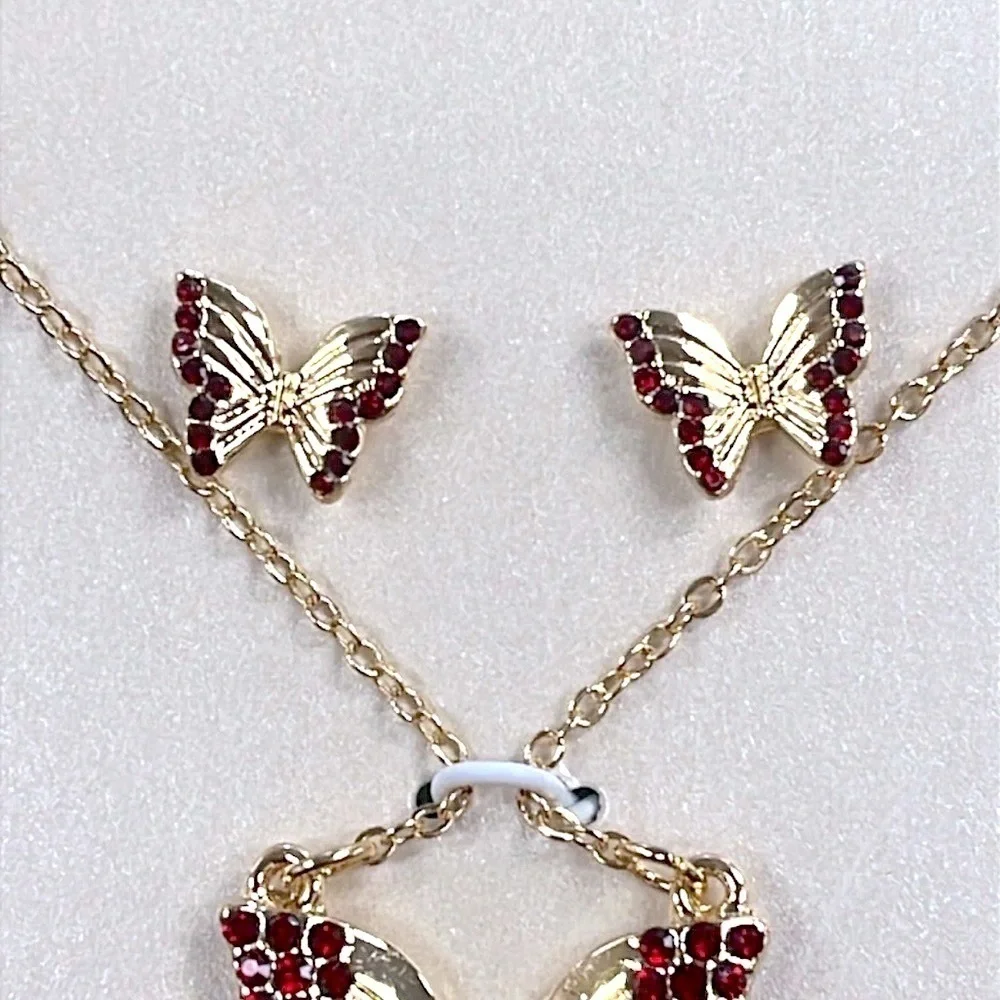 Brand New Butterfly Necklace & Post Earring Set Gold Tone Red Crystal Rhinestone